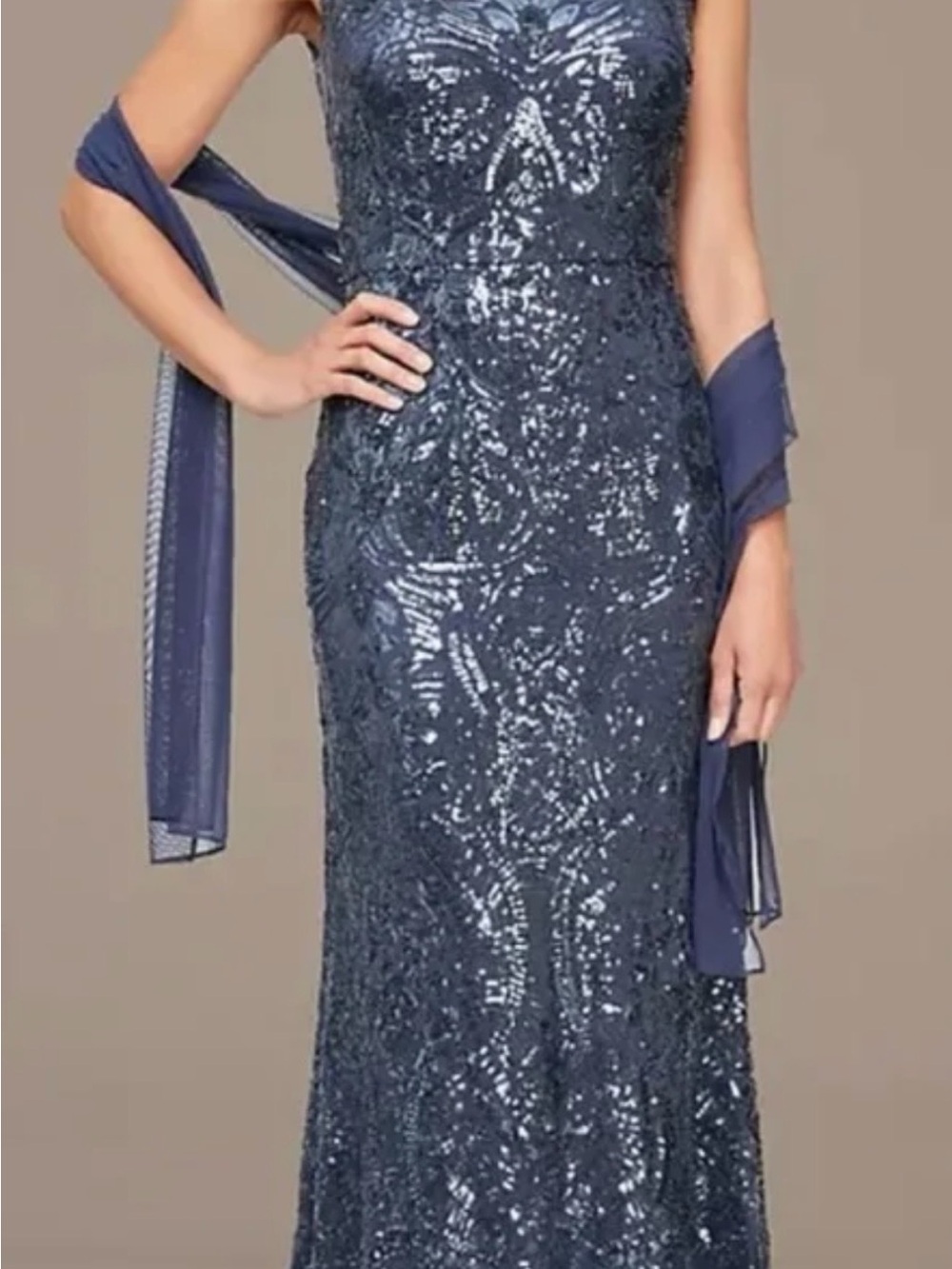 Alex Evenings Navy Sequin Maxi Gown with Chiffon Wrap